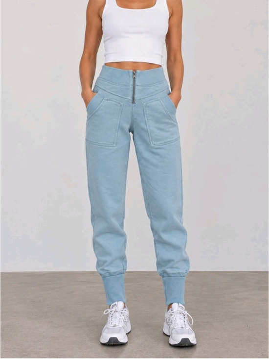 Free People Pants - Free People FP Movement Jogger Pants XS Blue Zip Front High Rise Cotton Pocket